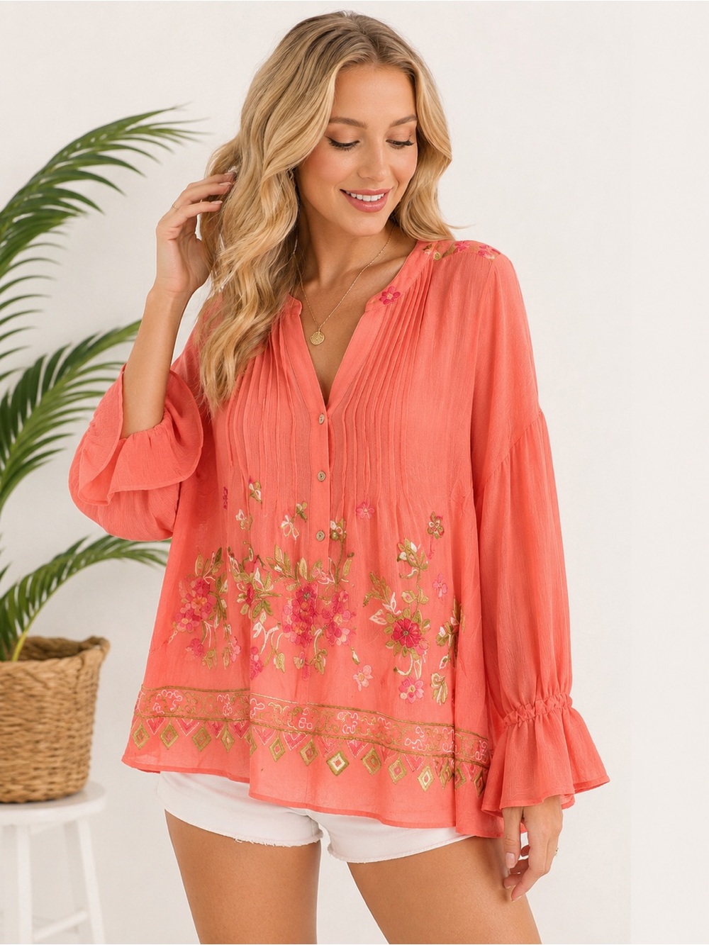 Hope Springs Coral Floral Embroidered Boho Blouse Large NWT